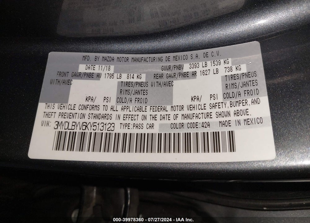 2019 TOYOTA YARIS L VIN: 3MYDLBYV6KY513123