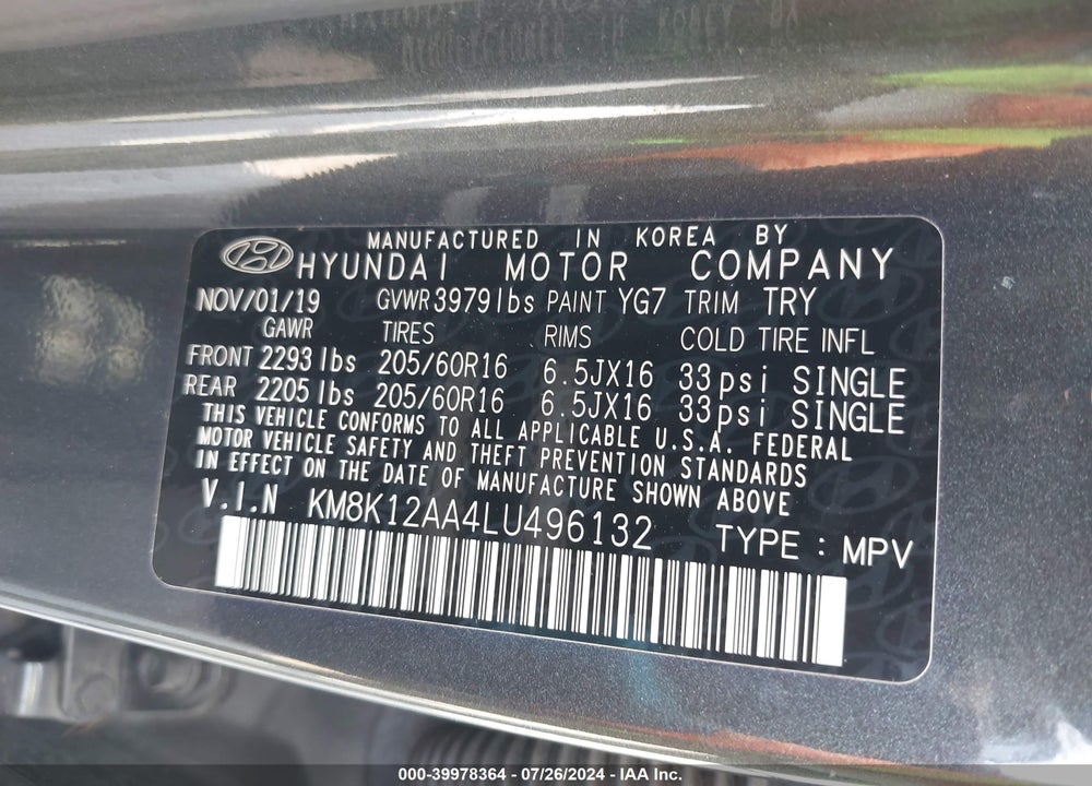 2020 HYUNDAI KONA SE VIN: KM8K12AA4LU496132