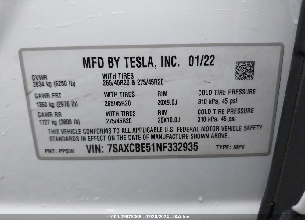 2022 TESLA MODEL X DUAL MOTOR ALL-WHEEL DRIVE VIN: 7SAXCBE51NF332935