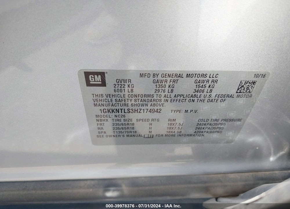 2017 GMC ACADIA SLE-2 VIN: 1GKKNTLS3HZ174942