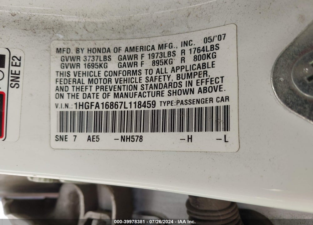 2007 HONDA CIVIC EX VIN: 1HGFA16867L118459