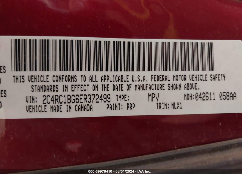 2014 CHRYSLER TOWN & COUNTRY TOURING VIN: 2C4RC1BG6ER372499