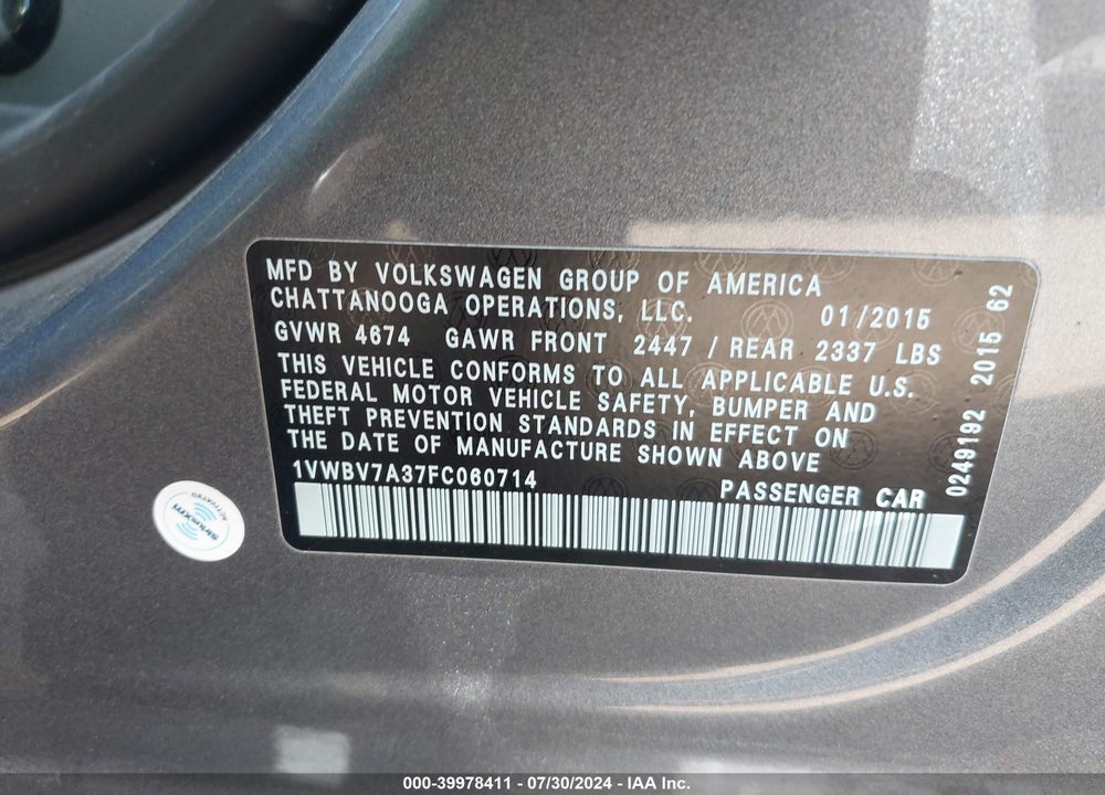 2015 VOLKSWAGEN PASSAT 2.0L TDI SE VIN: 1VWBV7A37FC060714