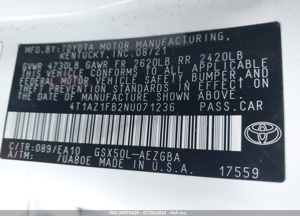 2022 TOYOTA AVALON XLE VIN: 4T1AZ1FB2NU071236