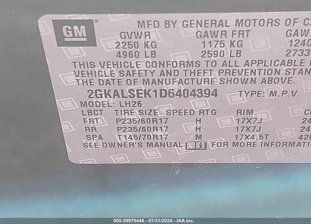 2013 GMC TERRAIN VIN: 2GKALSEK1D6404394
