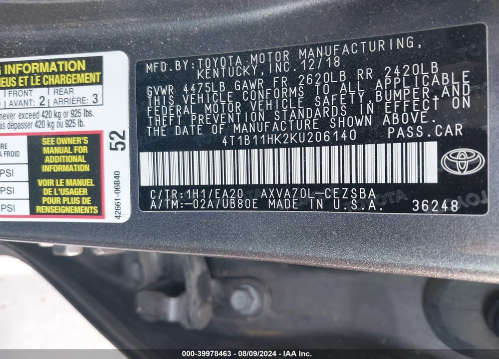 2019 TOYOTA CAMRY SE VIN: 4T1B11HK2KU206140