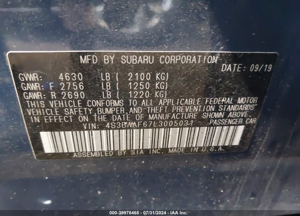 2020 SUBARU LEGACY SPORT VIN: 4S3BWAF67L3005031