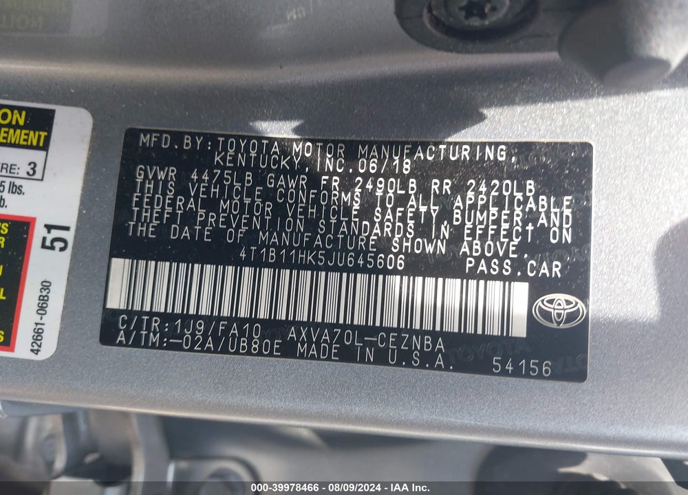 2018 TOYOTA CAMRY LE VIN: 4T1B11HK5JU645606