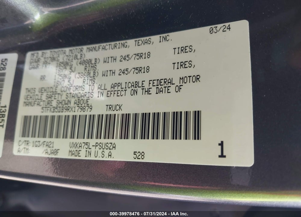 2024 TOYOTA TUNDRA SR VIN: 5TFKB5DB9RX179879