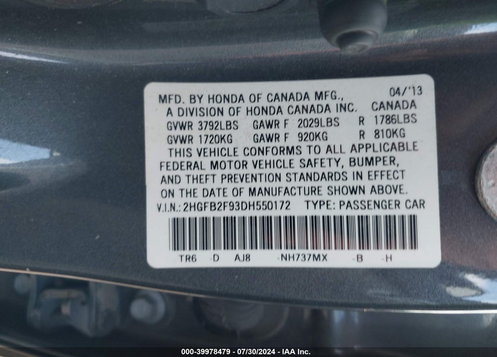 2013 HONDA CIVIC EX-L VIN: 2HGFB2F93DH550172