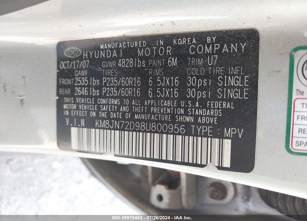 2008 HYUNDAI TUCSON LIMITED V6/SE VIN: KM8JN72D98U800956