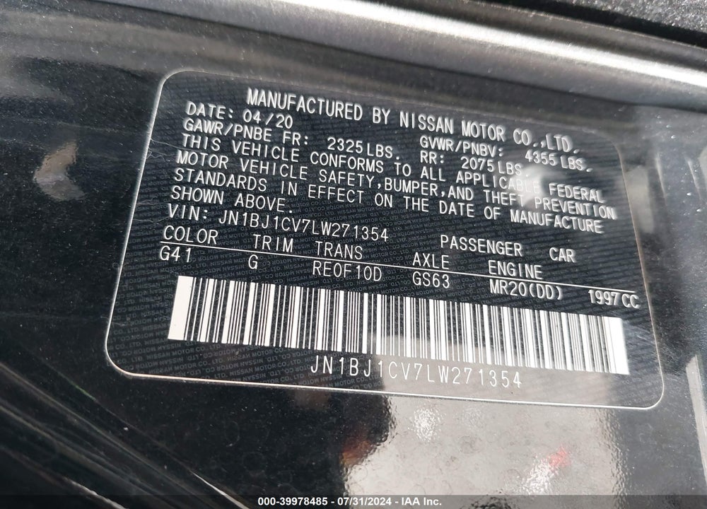 2020 NISSAN ROGUE SPORT S FWD XTRONIC CVT VIN: JN1BJ1CV7LW271354