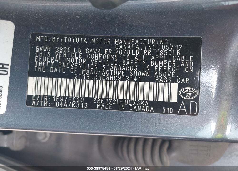 2017 TOYOTA COROLLA SE VIN: 2T1BURHE8HC913141