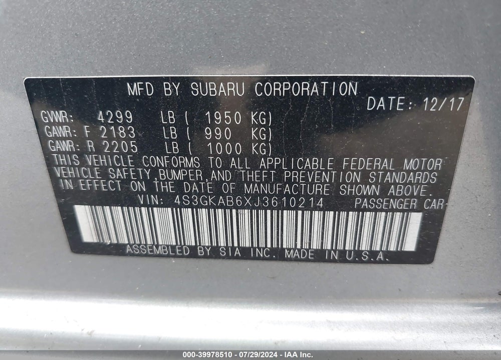 2018 SUBARU IMPREZA 2.0I PREMIUM VIN: 4S3GKAB6XJ3610214