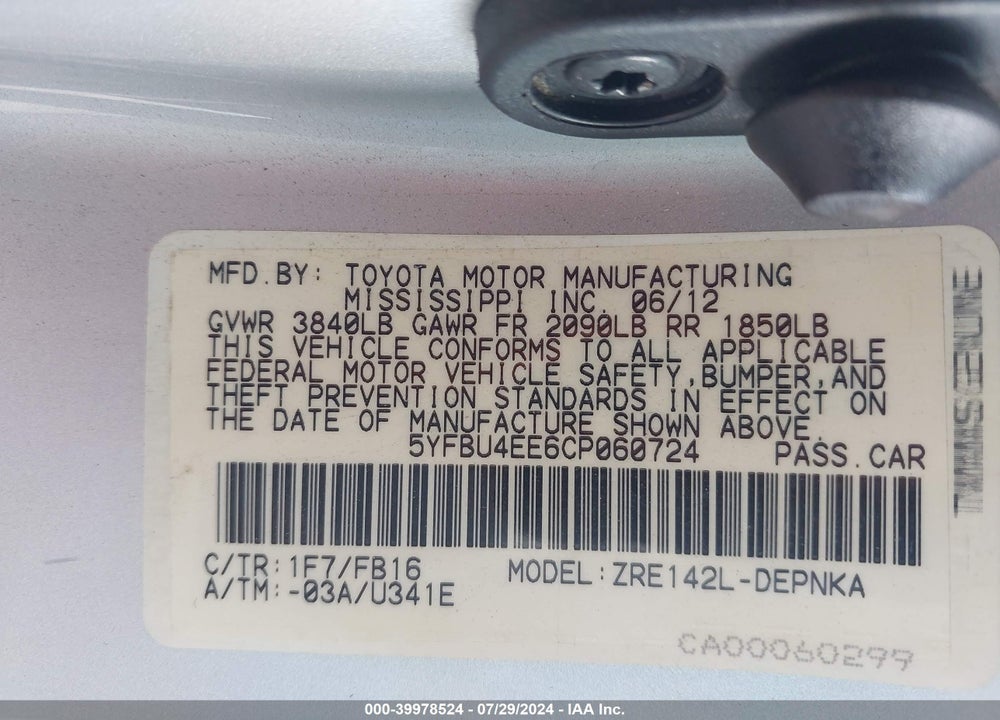 2012 TOYOTA COROLLA L/LE/S VIN: 5YFBU4EE6CP060724