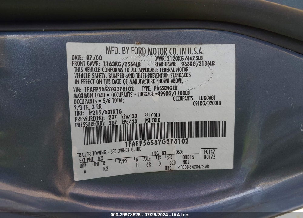2000 FORD TAURUS SEL VIN: 1FAFP56S8YG278102