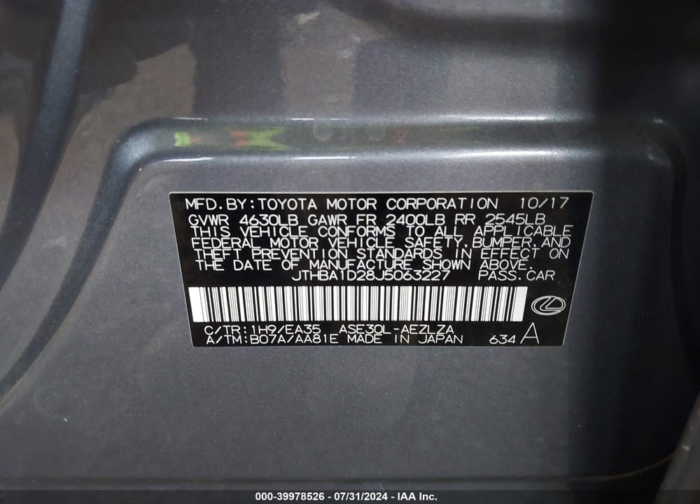 2018 LEXUS IS 300 VIN: JTHBA1D28J5063227