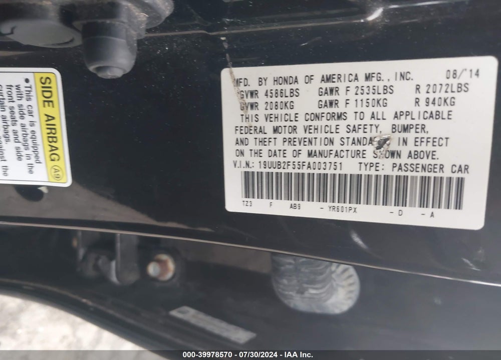 2015 ACURA TLX V6 TECH VIN: 19UUB2F55FA003751