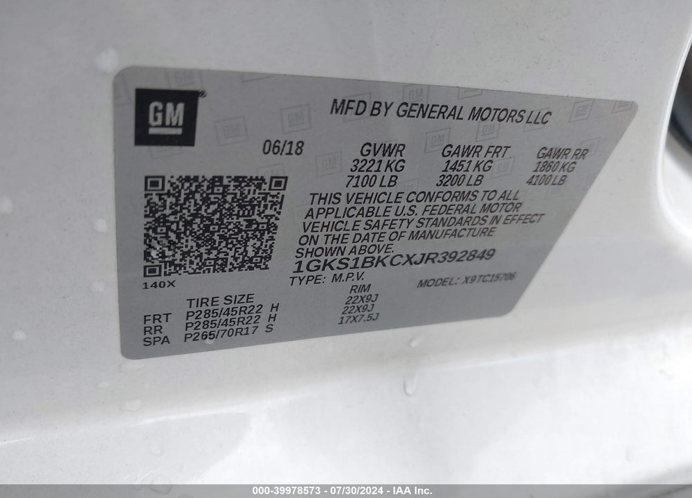 2018 GMC YUKON SLT VIN: 1GKS1BKCXJR392849
