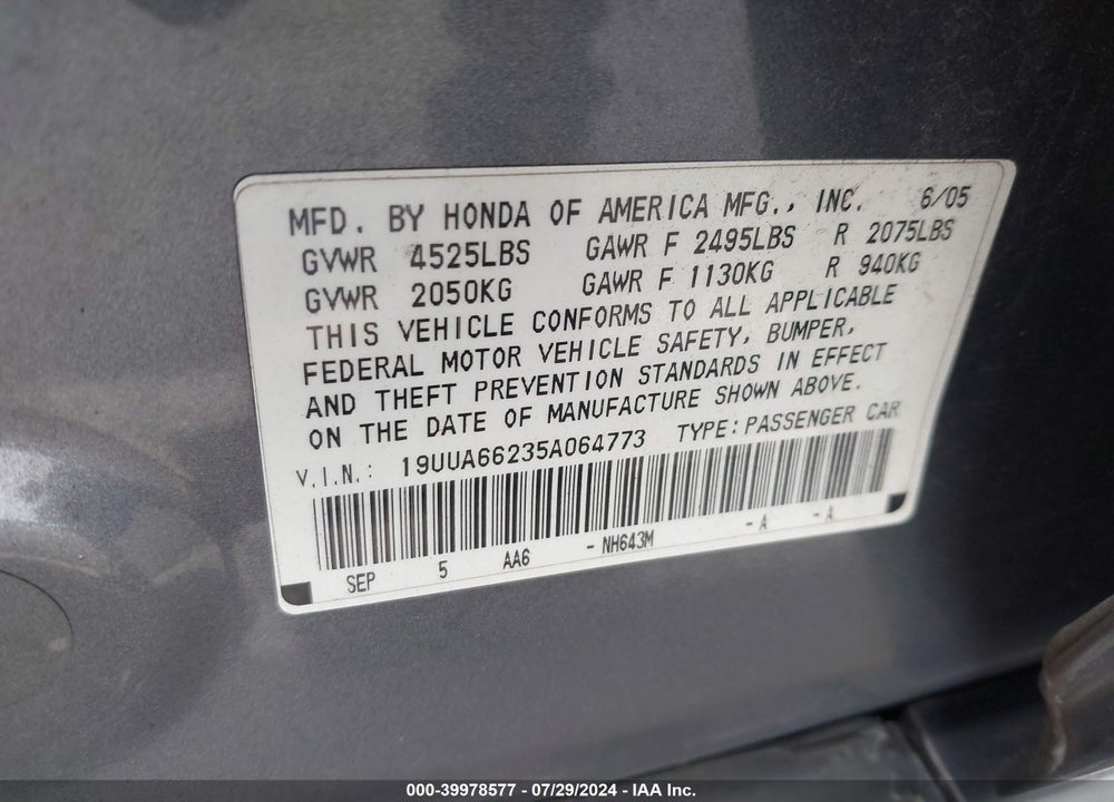 2005 ACURA TL VIN: 19UUA66235A064773