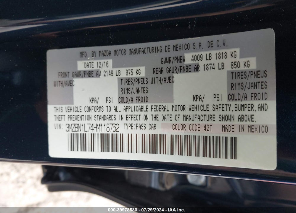 2017 MAZDA 3 TOURING VIN: 3MZBN1L74HM118762