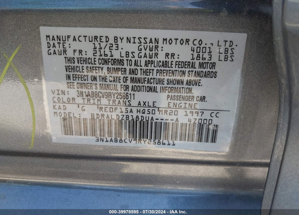 2024 NISSAN SENTRA SV XTRONIC CVT VIN: 3N1AB8CV9RY258611
