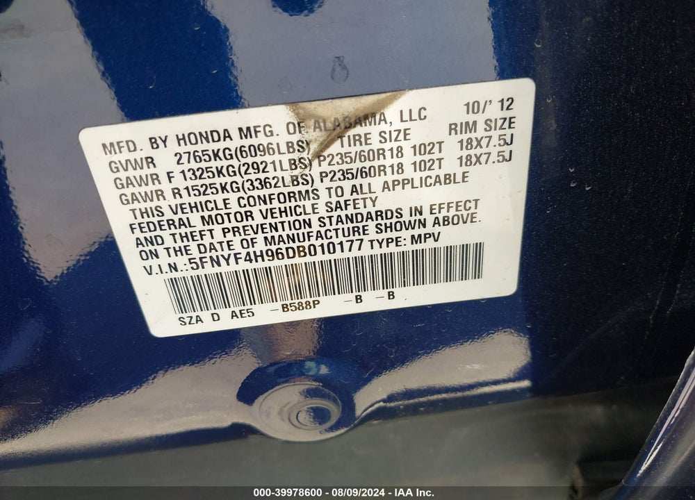 2013 HONDA PILOT TOURING VIN: 5FNYF4H96DB010177