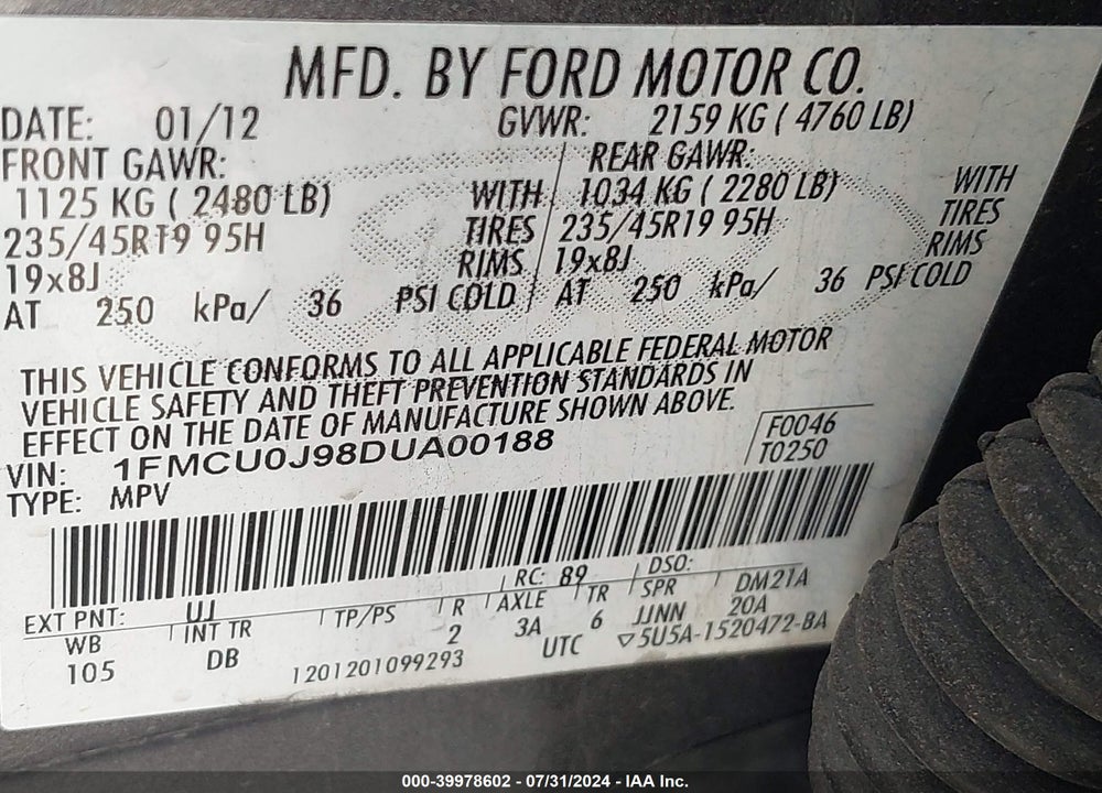 2013 FORD ESCAPE TITANIUM VIN: 1FMCU0J98DUA00188