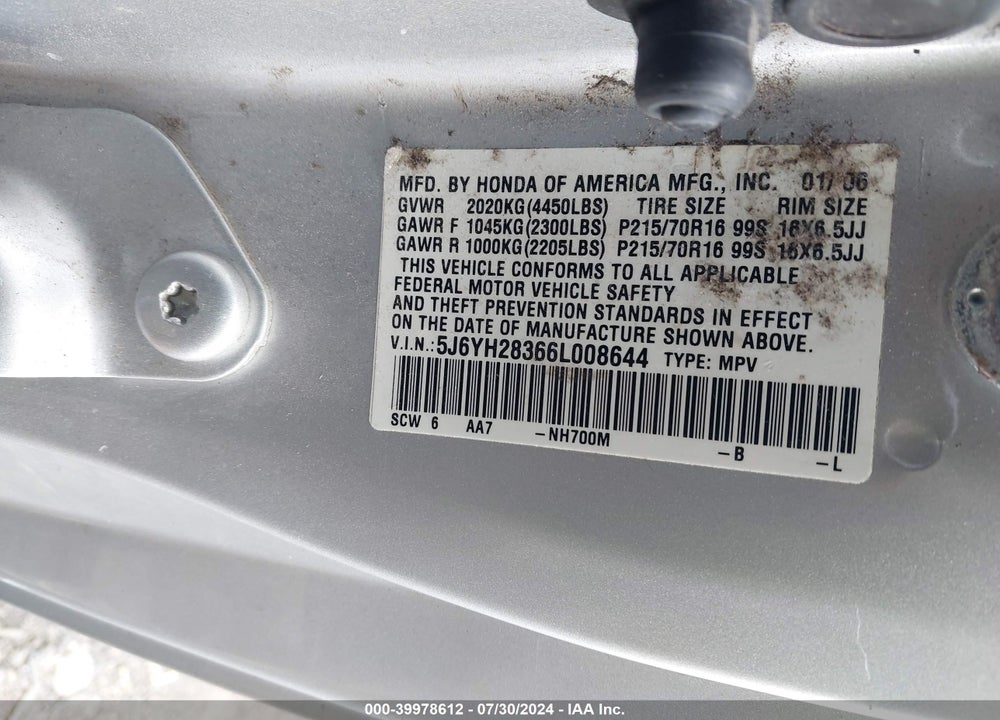 2006 HONDA ELEMENT LX VIN: 5J6YH28366L008644