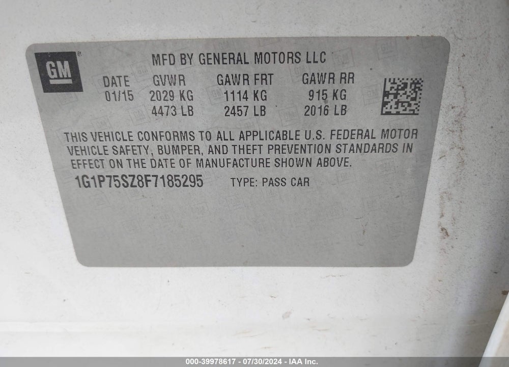 2015 CHEVROLET CRUZE VIN: 1G1P75SZ8F7185295