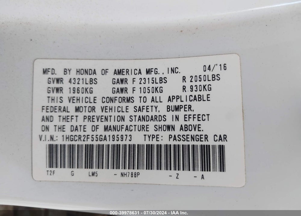 2016 HONDA ACCORD SPORT VIN: 1HGCR2F55GA195973