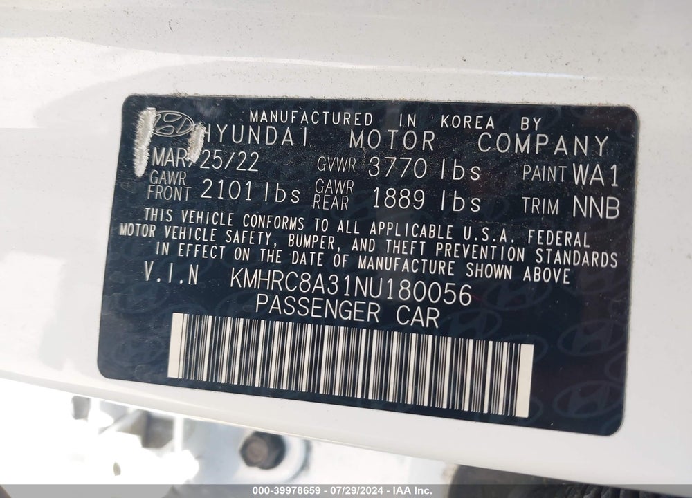 2022 HYUNDAI VENUE LIMITED VIN: KMHRC8A31NU180056