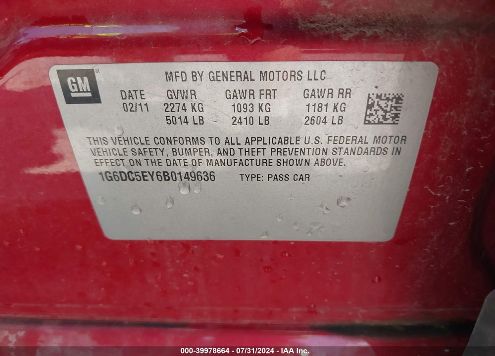 2011 CADILLAC CTS STANDARD VIN: 1G6DC5EY6B0149636
