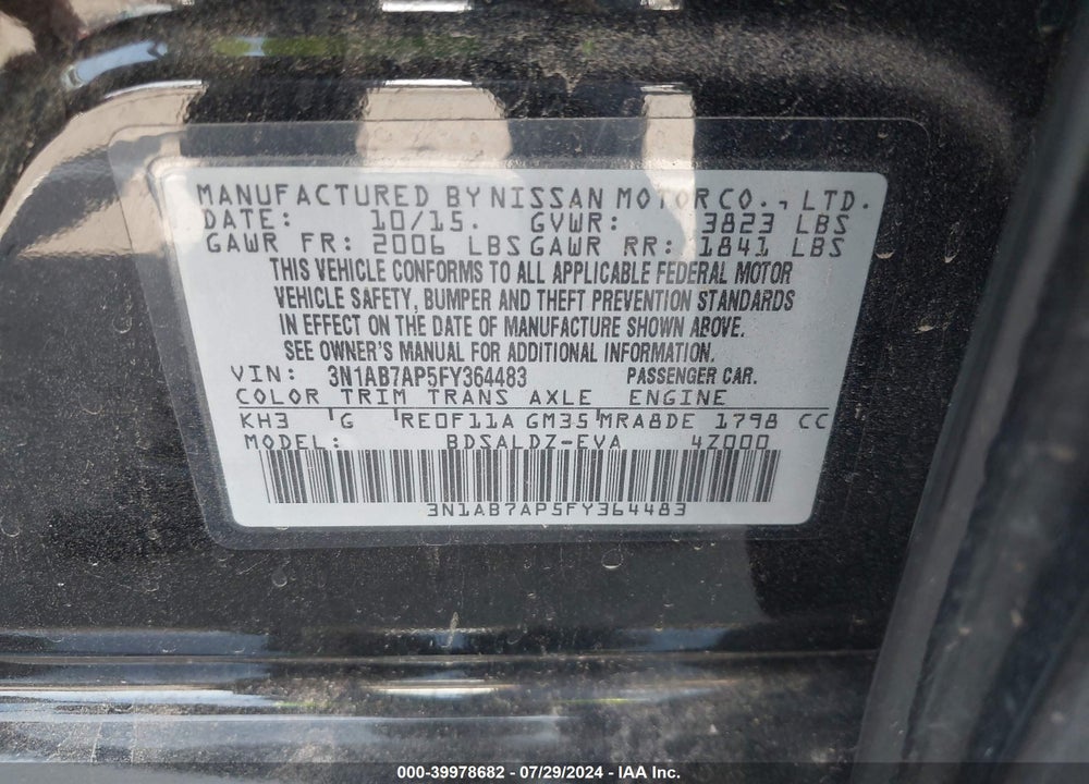 2015 NISSAN SENTRA SV VIN: 3N1AB7AP5FY364483