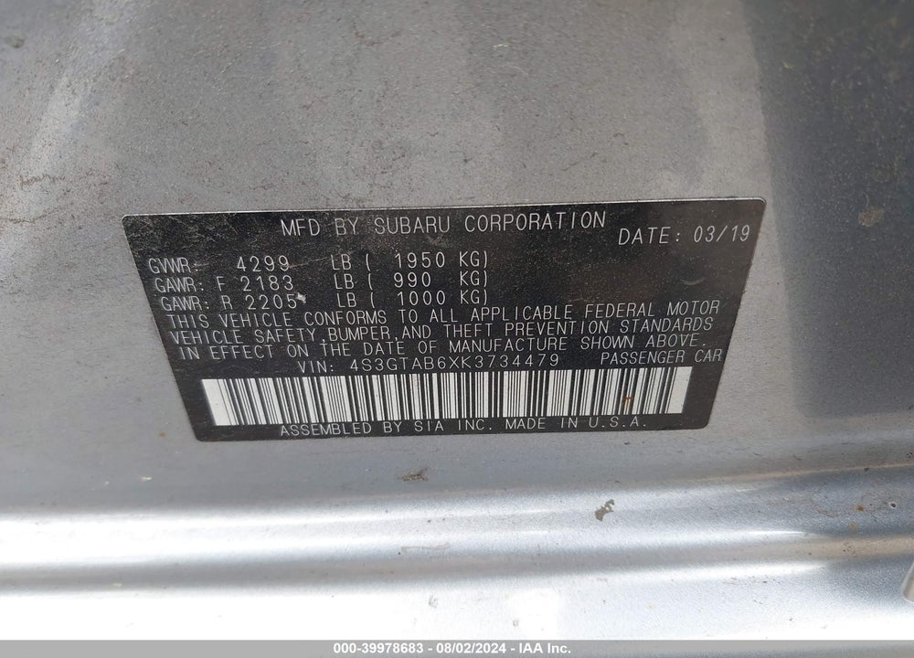 2019 SUBARU IMPREZA 2.0I VIN: 4S3GTAB6XK3734479