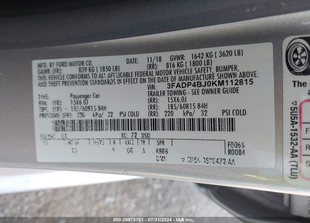 2019 FORD FIESTA VIN: 3FADP4BJ0KM112815