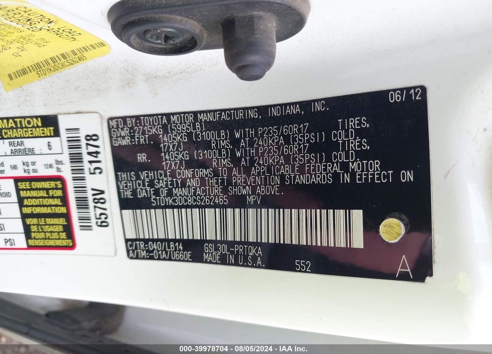 2012 TOYOTA SIENNA XLE V6 8 PASSENGER VIN: 5TDYK3DC8CS262465