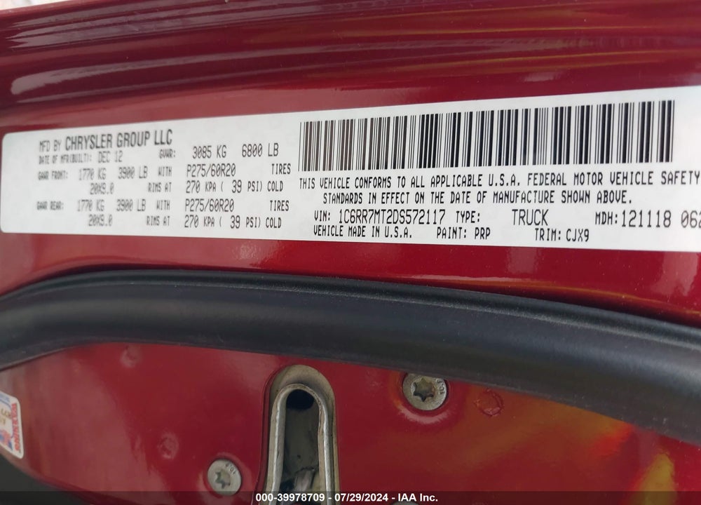 2013 RAM 1500 SPORT VIN: 1C6RR7MT2DS572117