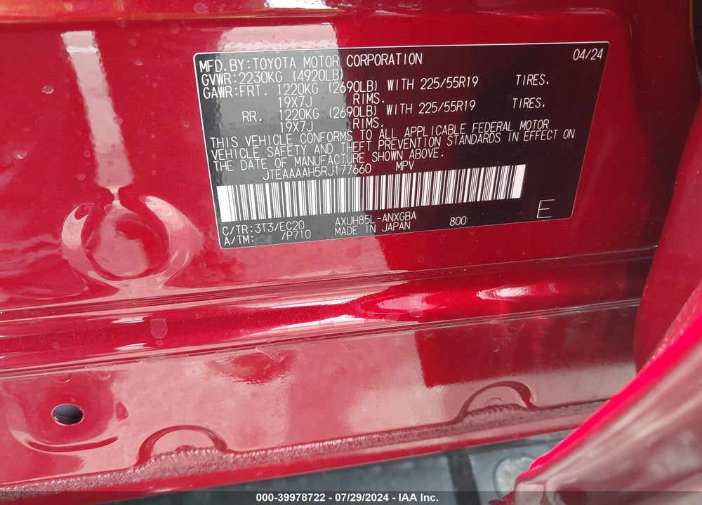 2024 TOYOTA VENZA XLE VIN: JTEAAAAH5RJ177660