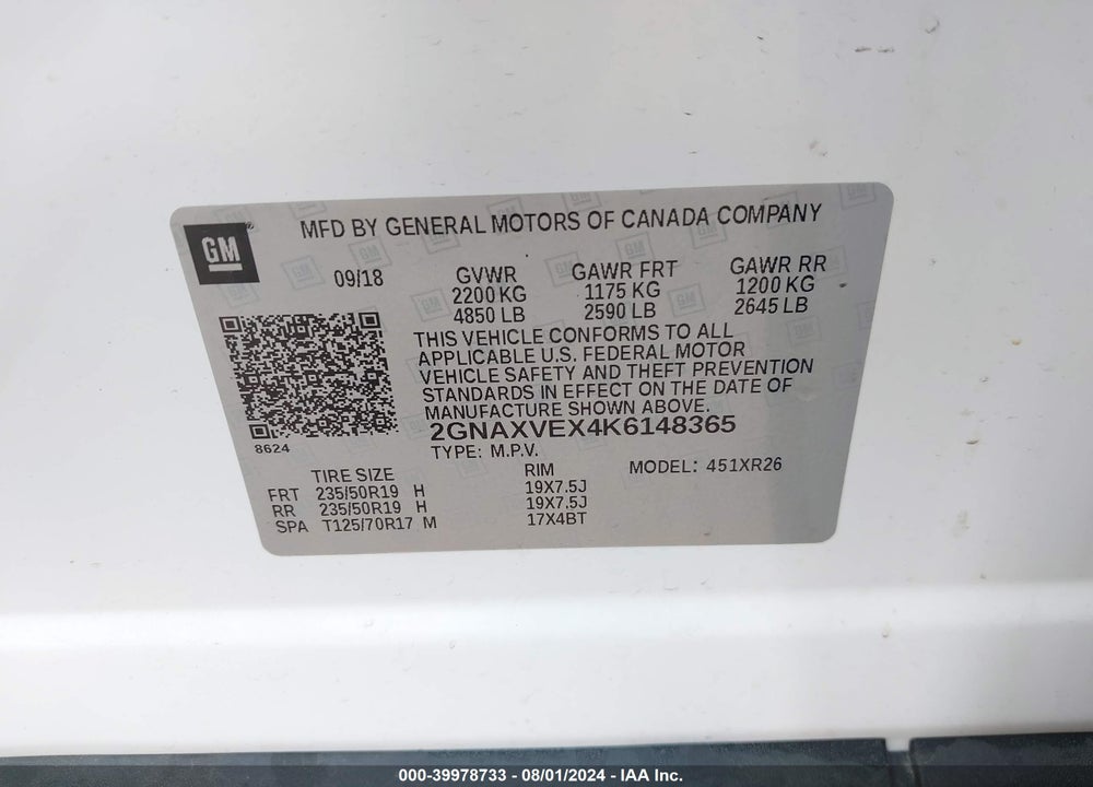 2019 CHEVROLET EQUINOX LT VIN: 2GNAXVEX4K6148365