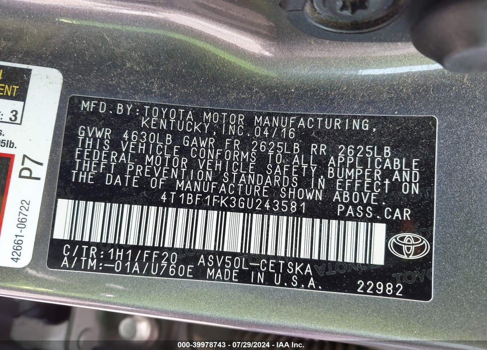 2016 TOYOTA CAMRY SE VIN: 4T1BF1FK3GU243581