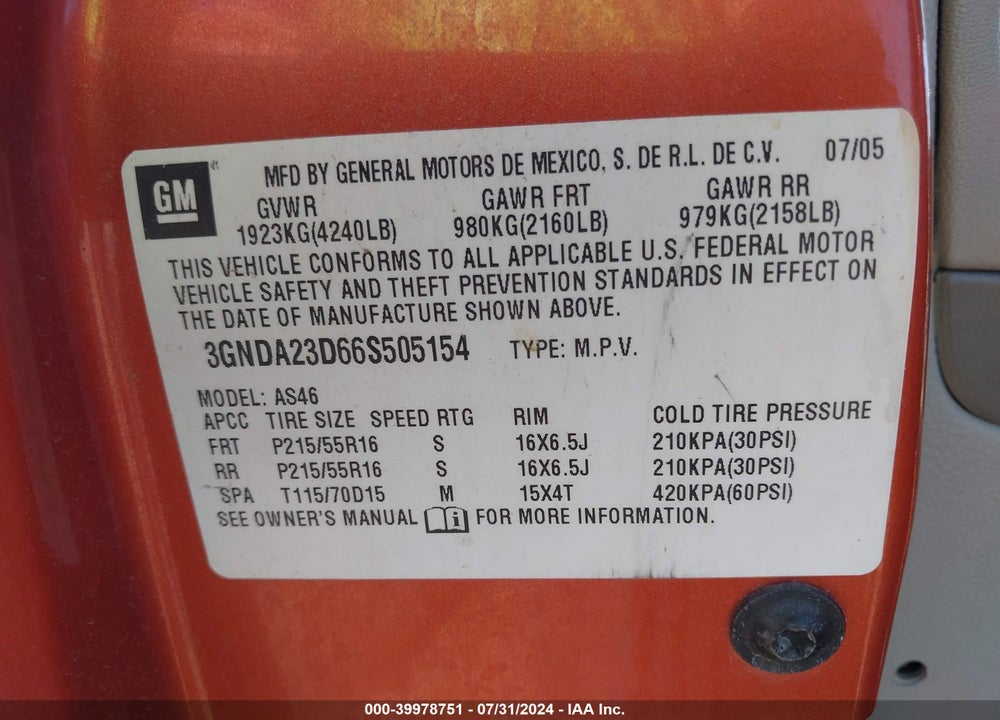 2006 CHEVROLET HHR LT VIN: 3GNDA23D66S505154