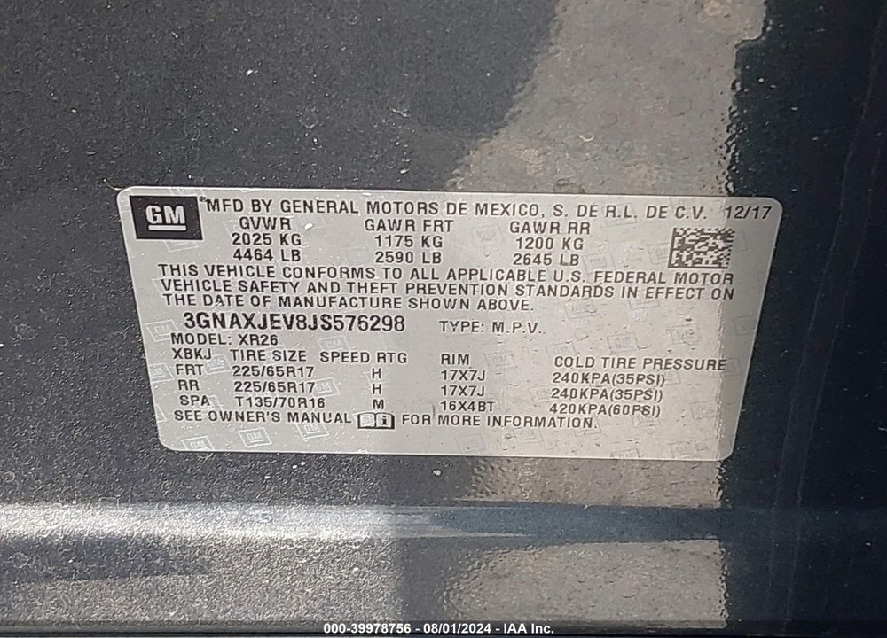 2018 CHEVROLET EQUINOX LT VIN: 3GNAXJEV8JS576298