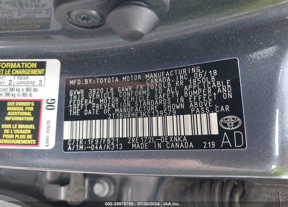 2019 TOYOTA COROLLA LE VIN: 2T1BURHE3KC139579
