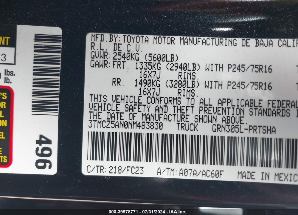 2022 TOYOTA TACOMA SR5 V6 VIN: 3TMCZ5AN0NM483830
