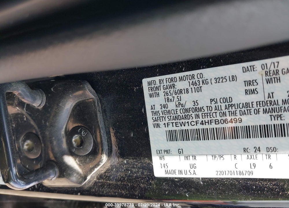 2017 FORD F-150 XLT VIN: 1FTEW1CF4HFB06499