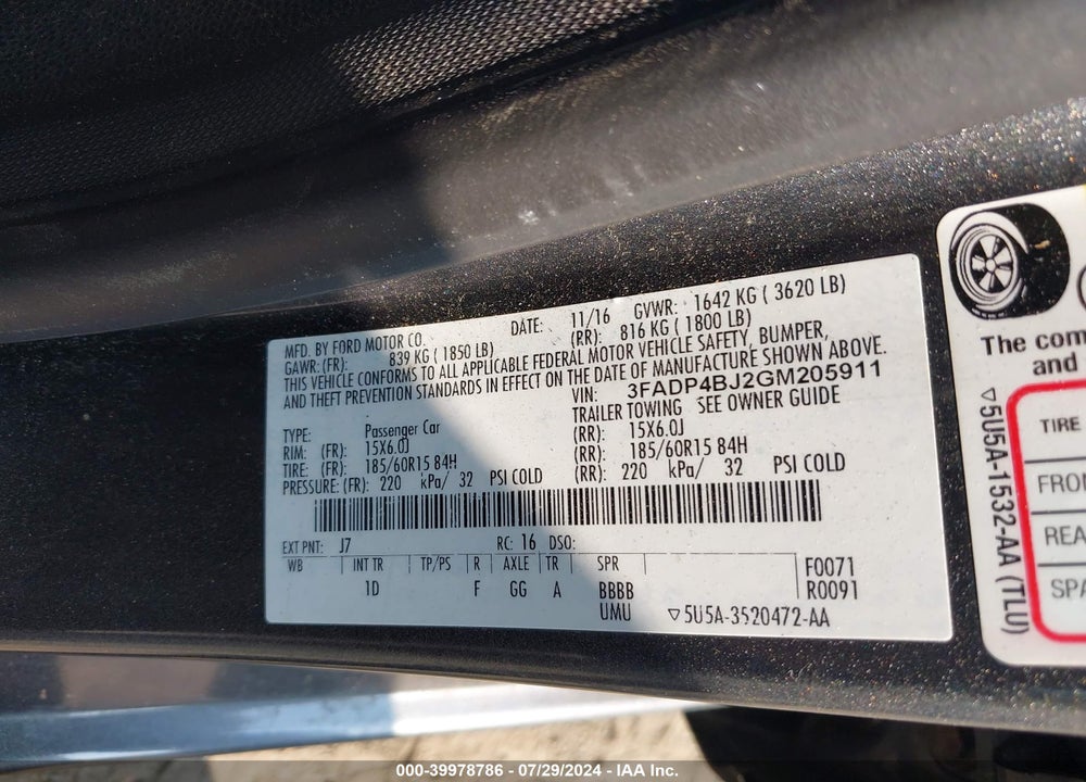 2016 FORD FIESTA SE VIN: 3FADP4BJ2GM205911