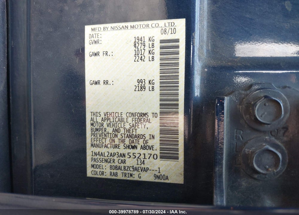 2010 NISSAN ALTIMA 2.5 S VIN: 1N4AL2AP3AN552170