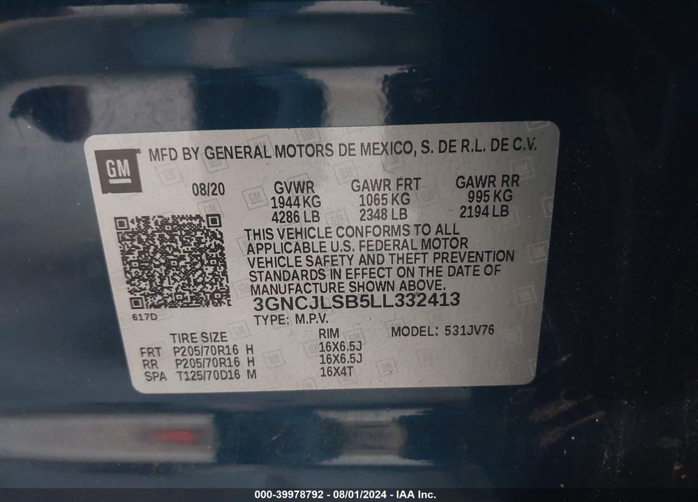 2020 CHEVROLET TRAX FWD LT VIN: 3GNCJLSB5LL332413