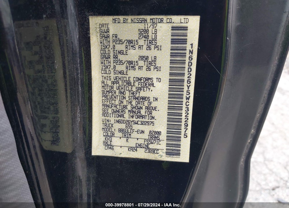 1998 NISSAN FRONTIER SE/XE VIN: 1N6DD26Y5WC322975